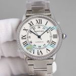 Swiss Replica Cartier Ronde de Cartier Stainless Steel Watch Case White Dial Stainless Steel Strap Diamonds Bezel 42mm